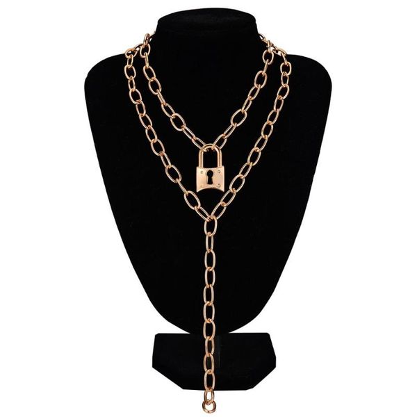 

pendant necklaces 2 pcs/set steampunk hyperbole lock necklace for women statement curb miami cuban chunky chain neck collar jewelry gift, Silver