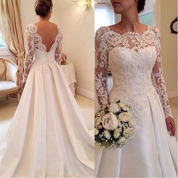 

Long Sleeve Lace Wedding Dresses with Sheer Scoop Neck A-Line Court Train Skirt Church Bohemian Garden Bridal Gowns, Ivory