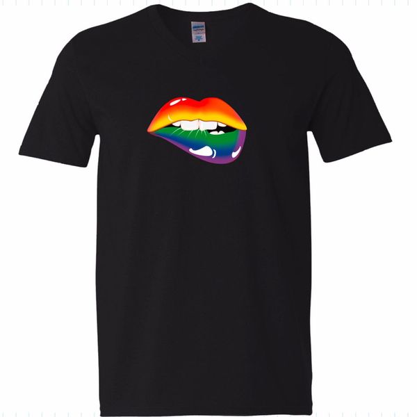

100% cotton v t-shirt lips rainbow 4 os gay schwul regenbogen herren funny printtee shirt casual short sleeve t shirt