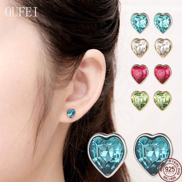 

oufei heart earrings for women love 925 sterling silver earring love fine zircon earrings 925 silver jewelry baby girl gift, Golden;silver