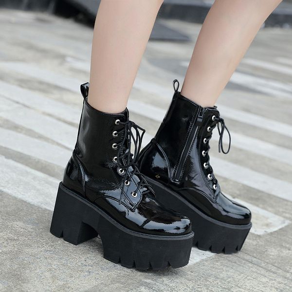 

winter boots lady booties ladies zipper boots-women rock shoes woman round toe platform 2020 high heel lolita, Black