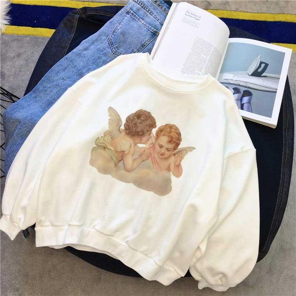 

harajuku kawaii korean style clothes angel kiss pattern printed sweatshirt long sleeved loose sweet pretty casual woman, Black
