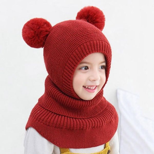 

зимняя hat шапочка мальчики beanie два hairball ребенок knit шерстяные теплые шапки защита лицо шея дети девушка earflap колпачки 2-6 лет, Yellow