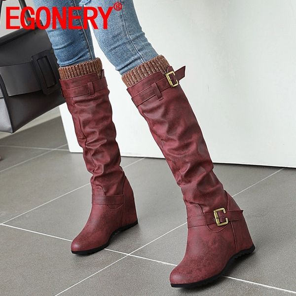 

egonery winter new fashion knee high boots outside comfortanle round toe slip-on women shoes drop shipping size 33-44, Black