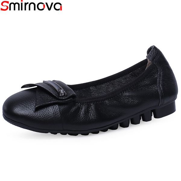 

smirnova 2020 new shoes woman round toe loafers women shallow genuine leather shoes women casual flats 2020, Black