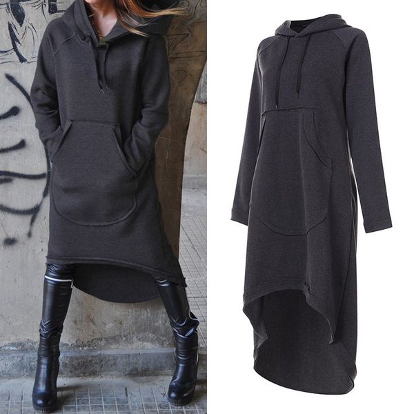 

plus size women's sweatshirts midi hoodies dress 2020 zanzea irregular vestidos female long sleeve casual hooded pullovers 5xl, Black