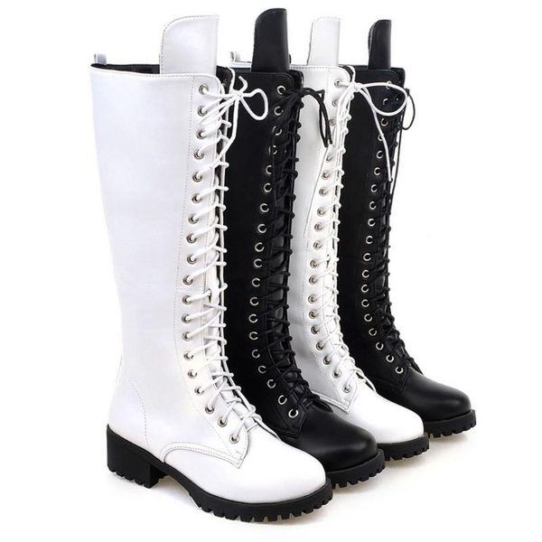 

2020 leather boots women warm boots square heels women shoes flat lace-up casual long fashion booties shoes woman bota feminina, Black