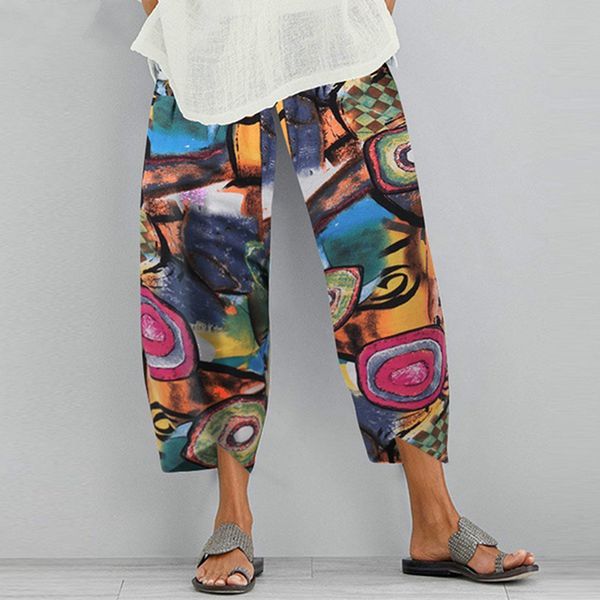 

women's pants & capris vintage linen summer trousers casual elastic waist asymmetrical female cropped oversized, Black;white