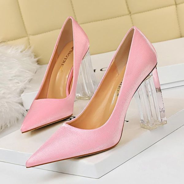 

korean women's shoes shoes transparent heel thick heel satin pointed female pumps fashion design wedding women, Black