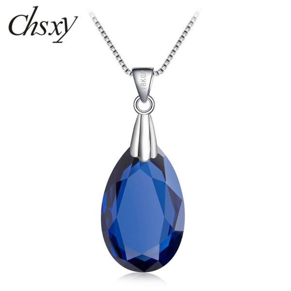 

chsxy fashion jewelry zircon crystal water drop pendant necklace minimalist blue pink zircon gem stone chains necklace for women, Silver