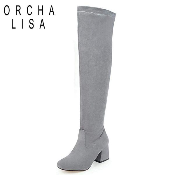 

orcha lisa плюс размер 34-43 женщины сапоги колено высокий толстый каблук сапоги zapatos femininos flock остроконечные toe zipper слип-на a7, Black