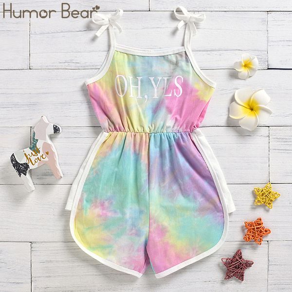 

humor bear fashion new girls sleeveless sling letter tie dye colorfuljumpsuit sports toddler summer jumpsuit kids clothes, White