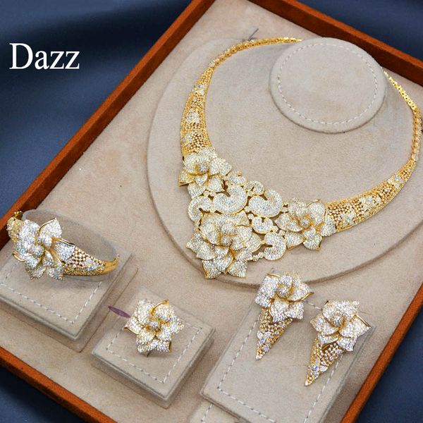 

dazz luxury flower cz zircon african necklace earrings dubai nigeria wedding jewelry set women bride gold color ring bangle 2020, Silver