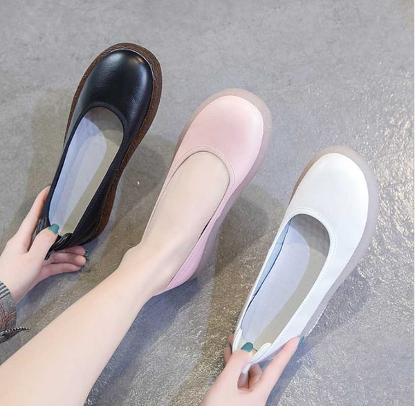 

women's soft autumn spring leather cowhide soft sole all kinds of fashionable single shoes women's shoes shallow mouth retro, Black