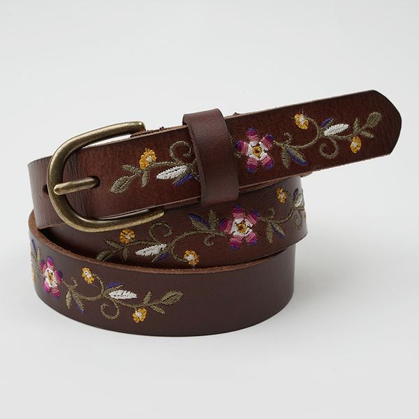 

dkblings 2.5cm wide leather head layer cowhide belt female fine fashion embroidery simple hundred pin buckle belt retro narrow, Black;brown