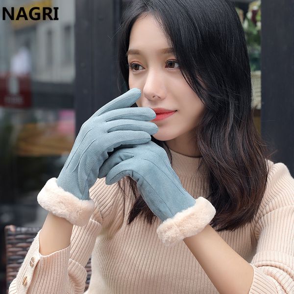 

five fingers gloves winter fashion women 2021 thick warm chammy suede leather fur fleece touchscreen mittens driving elegant plush for, Blue;gray