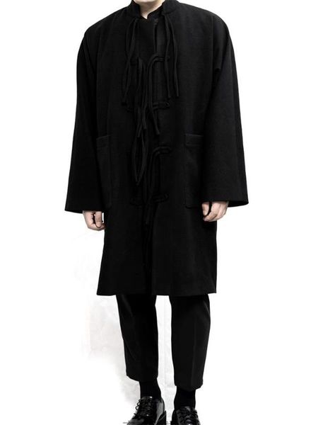 men's wool & blends original yamamoto male mao ni coat stand-up collar chinese style disc button tang suit, Black