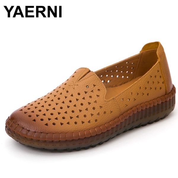 

yaerni new arrival women flats shoes loafers ladies slip on flats summer breathable women shoes genuine leather driving shdes, Black