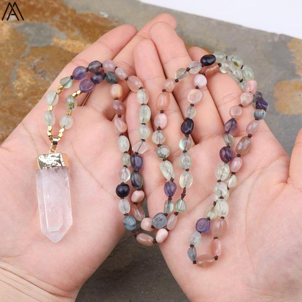 

natural rought white quartz orm point pendant rainbow fluorite stone beads knotted handmade necklace long 32 inch n0279amcb, Silver