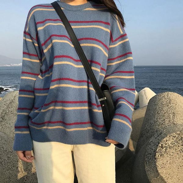 

women's sweaters college style loose striped round neck knitted sweater 2021 autumn personality fashion, White;black