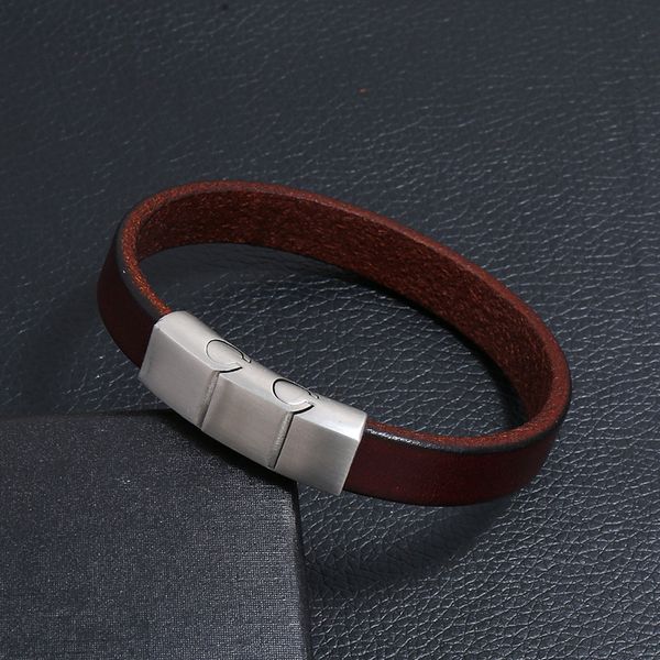 

charm bracelets brown/yellow flat genuine leather men bracelet stainless steel three-section magnetic buckle male female punk jewelry, Golden;silver