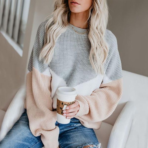 

крупногабаритные свитера для женщин сыпучих вязаних пуловеров вокруг шеи лоскутных фонариков рукава прыгуны зимних женщин свитера, White;black