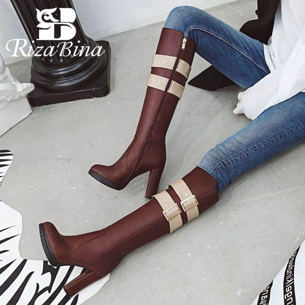 

rizabina knee high boots for women winter shoes fashion buckle round toe shoes women daily outdoor mujer zpatos size 33-43, Black