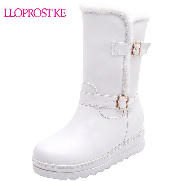 

lloprost ke 2020 dropship buckle decoration shoes woman boots platform slip on add fur warm winter snow boots shoes, Black