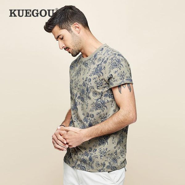 

kuegou men's short sleeve t shirt 100% cotton round collar plant printing fashion t shirt summer men t-shirt khaki ht-2530, White;black