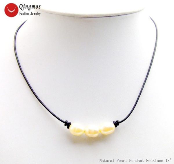 

qingmos fashion 10-11mm rice natural freshwater pink pearl pendant necklace for women with genuine leather 18" chokers nec6585, Silver