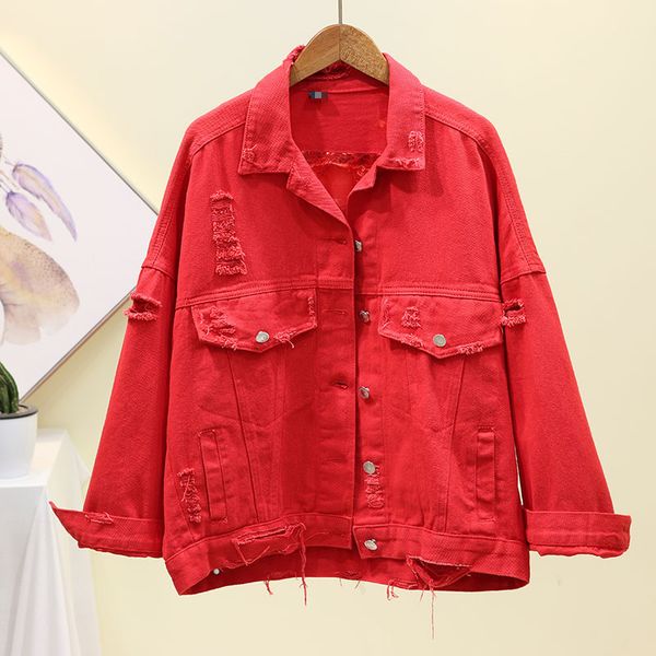 

блестки denim женщины basic coat весна осень длинный рукав сыпучие короткие джинсы куртка красный черный изношенные отверстия верхняя одежда, Black;brown