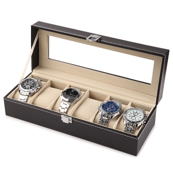

watch boxes & cases 2/6/10 slots leather storage box organizer mechanical mens display holder black jewelry gift case, Black;blue