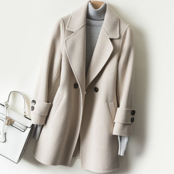

double sided cashmere coat mid length blends women winter coat new, Black