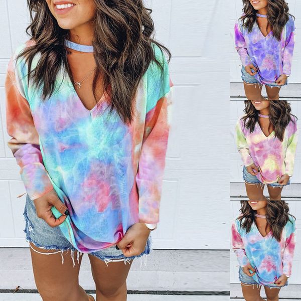 

5 color autumn new print tie-dye gradient color v-neck long sleeve plus size t-shirt ladies top, White