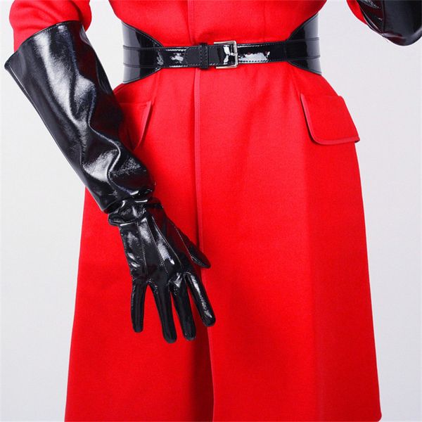 

five fingers gloves 50cm long leather wide cuff lantern sleeve simulation three bars white black woman patent pu pu06, Blue;gray