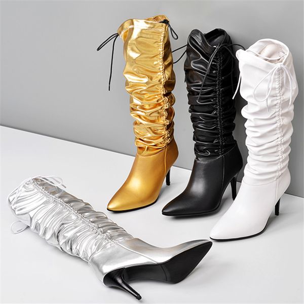 

2020 genuine leather pleat stretch multifunction women boots glitter thin high heels cowhide pure color shoes 8.5cm, Black