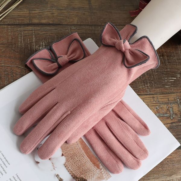 

five fingers gloves women suede touch screen winter outdoor shopping dating modified handcuffs bow elegant warm, Blue;gray