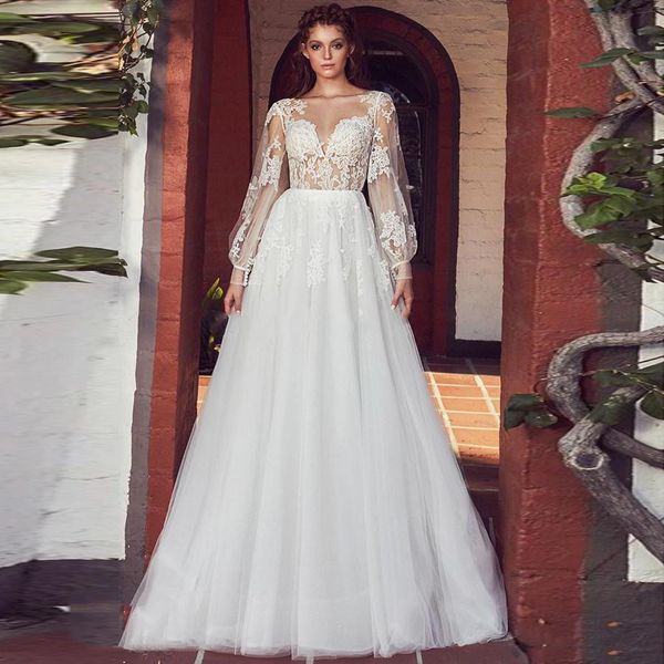 

gorgeous long sleeves appliques lace a-line wedding dresses 2020 spring backless tulle bridal gowns modest robe de mariee, White