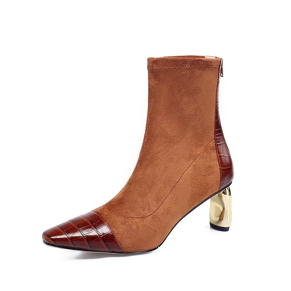 

patchwork pointed toe genuine leather high heels boots classic design handmade shoes for women wedding casual shoes woman, Black