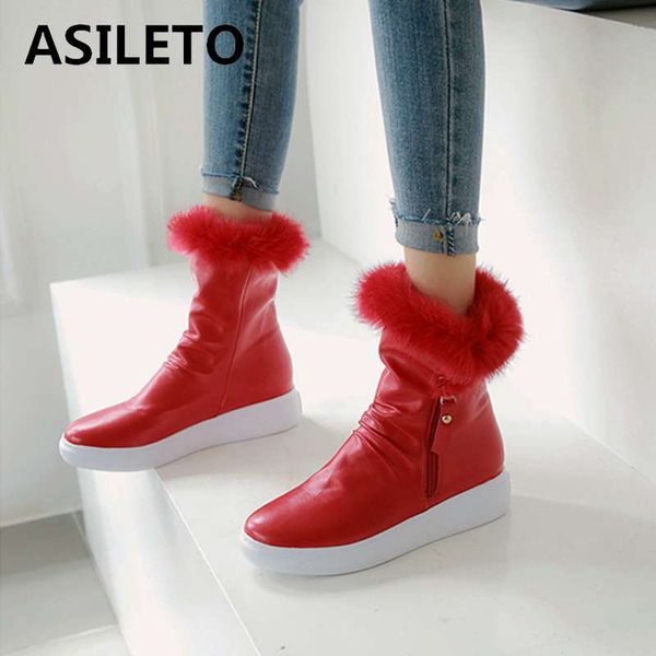 

asileto warm plush winter snow boots women fur wedges shoes zipper ankle booties casual footwear chaussures zapatos mujer botas, Black