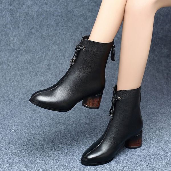 

women's winter ankle boots woman shoes thick high heels round toe zipper warm shoe female elegant ladies new comfortable, Black