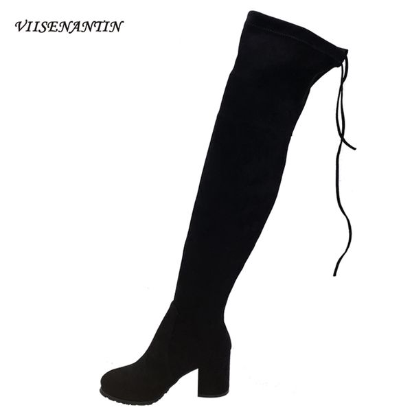 

boots over-the-knee flat sole autumn and winter thick heel all-match height increase stovepipe stretch flock slip-on shoes women, Black