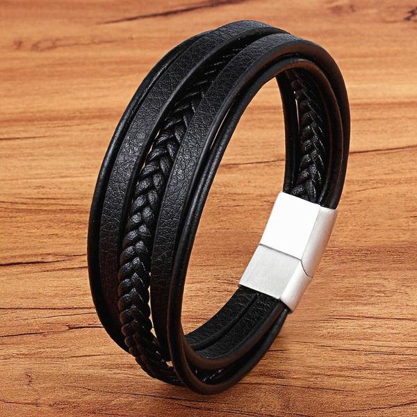 

stainless steel jewelry male black/brwon leather bracelet men braided multilayer fashion punk wholesale, Golden;silver