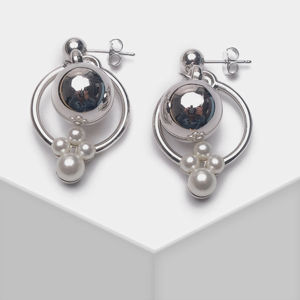 

amorita boutique polished metal ball pearl pendant earrings, Silver