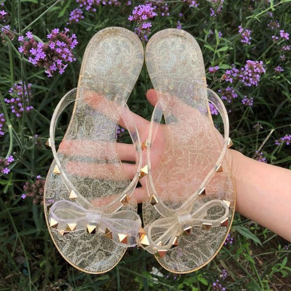 

new 2020 woman summer sandals rivets big bowknot flip flops beach sandalias femininas flat jelly designers sandals, Black
