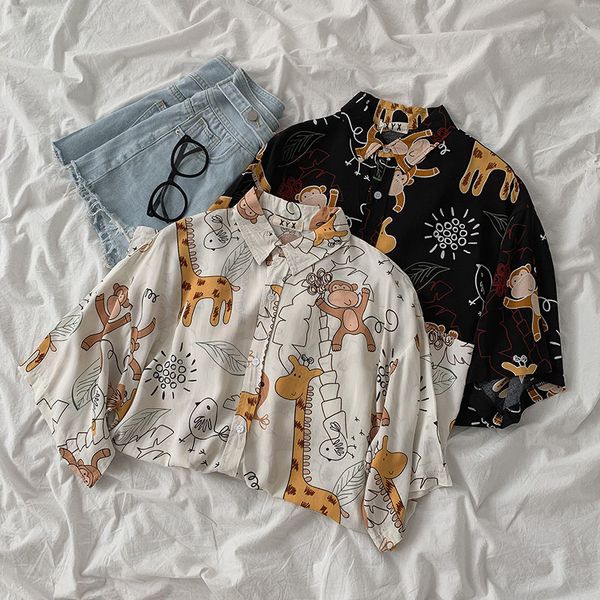

women's blouses & shirts fifichuyi turn down collar single breasted chiffon blouse printed short sleeve casual loose womens and, White