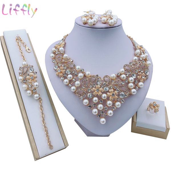 

liffly fashion dubai jewelry sets crystal necklace earrings ring bracelet round pearl jewelry set charm bridal gift, Silver
