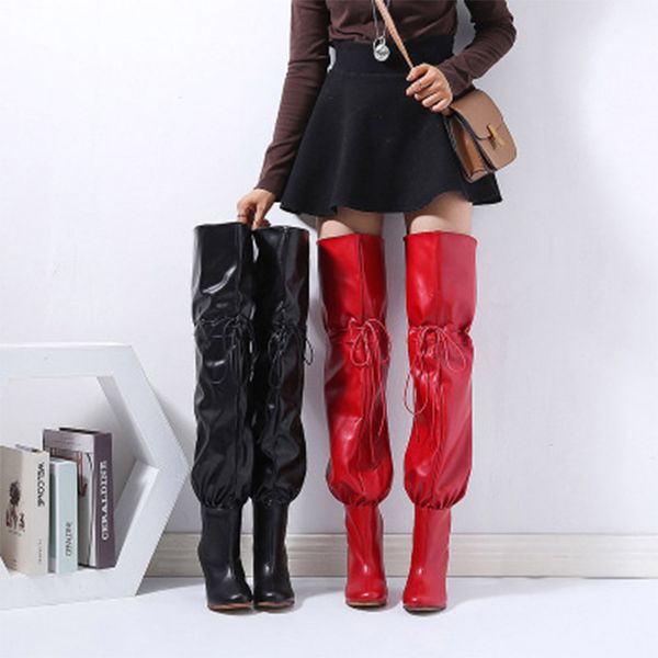 

women rain boots women's over the knee boots autumn winter fashion ladies thin high heels woman elastic band chic shoes, Black
