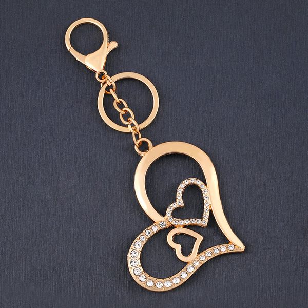 

flola gold big double heart keychain accessories rhinestone key rings bag car pendant diy wholesale jewelry women gifts kcha11, Silver
