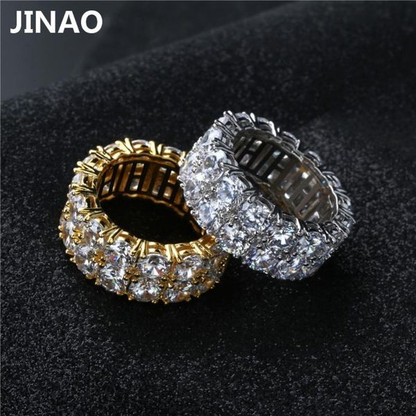 

jinao new design gold silver color plated ring micro paved 2 row chain big zircon shiny hip hop finger ring for men women, Golden;silver